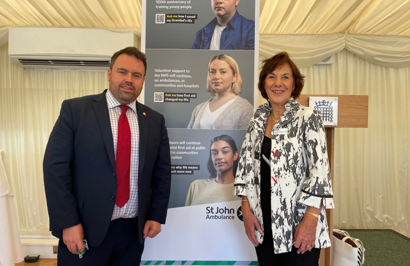 Chris Loder MP and Carole Lawrence-Parr, chief president of St John Ambulance during an event in Westminster in 2021, where Mr Loder thanked St John Ambulance for the work they did in West Dorset supporting services throughout the Coronavirus Pandemic.