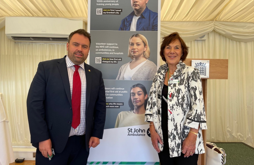 Chris Loder MP and Carole Lawrence-Parr, chief president of St John Ambulance during an event in Westminster in 2021, where Mr Loder thanked St John Ambulance for the work they did in West Dorset supporting services throughout the Coronavirus Pandemic.